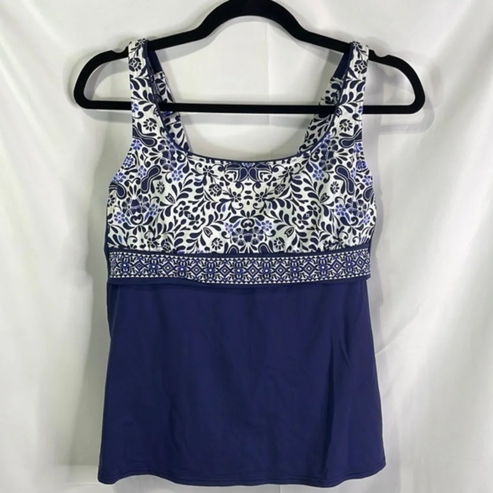 Lands’ End blue and white underwire tankini top
